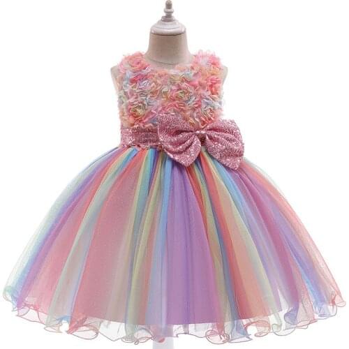 Princess Dresses For Kids Girls Sequins Bow Formal Wedding Ball Gown Tutu Party Dress Colorful Flower Childrens Sweet Clothing
