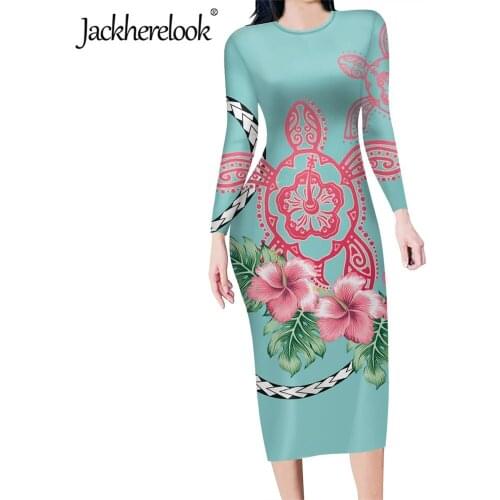 Jackherelook Elegant Party Long Sleeve Pencil Dress Hawaii Turtle Hibiscus Print Office Ladies Bodycon Stretchy Tunic Dresses