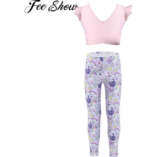 Girls Outfits Activewear V Neck Ruffle Sleeveless Sports Tops with Low-waist Leggings Pants Workout Clothes Running Gym Yoga Set