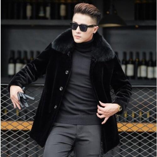 Mink fur leather jacket mens warm Middle length faux fur leather coat men loose jackets Middle-aged plus velvet winter thicken