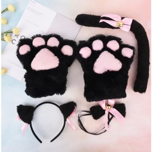 Cat Girls Plush Ear Bell Headband Tie Tail Paws Maid Fancy Dress Set Party Cosplay Cat Ear Fur Hair Clip Women Lady Hairbands
