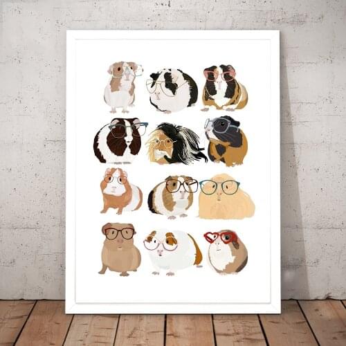 Nursery Wall Art Canvas Posters Print Cartoon Guinea Pig With Glasses Painting Animal Nordic Pictures Kids Bedroom Home Decor