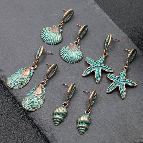 New 1 Pair 4.3-5.3mm Retro Patina Plated Zinc Alloy Green Sea Shells Earrings for Womens Fashion Jewelry Gift Date and Party