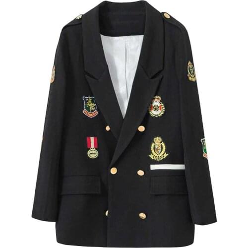 2021 New Spring And Autumn Casual Black Suit Women Blazers Mid-Length Medal Embroidery Clothing Lady