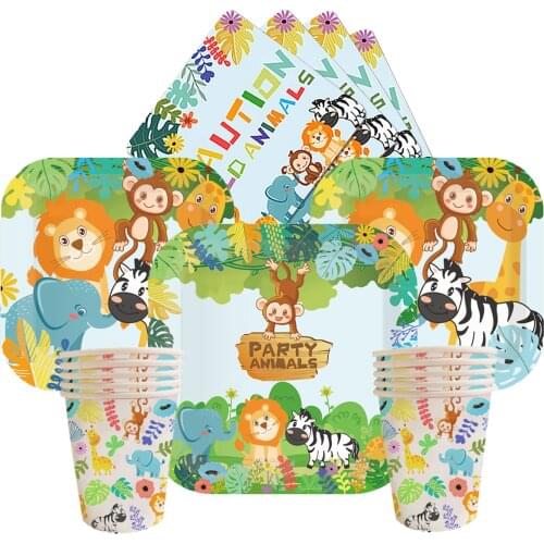 Woodland Animals Disposable Tableware Monkey Lion Zebra Elephant Plate Cup Napkin Jungle Safari Happy Birthday Party Kid Boy 1st