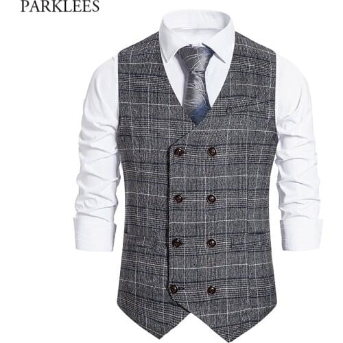Parklees 2021 Retro Double Breasted Plaid Suit Vest Slim Fit V Neck Sleeveless Waistcoat Formal Business Wedding Chaleco Hombre