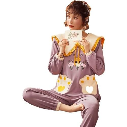 Big Yards M-XXL Young Girls Pajamas Set Autumn Cute Cartoon Long Sleeve Sleepwear Female Comfortable Pure Cotton Home Clothes