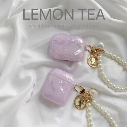 Luxury Love Heart Pearl Keychain Purple Marble Pattern Cases for Airpods 1 2 Pro Earphone Case Charging Box Shell for Air Pods