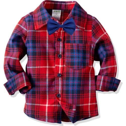 Boys Turn-Down Collar Thin Plaids Design Casual Shirts Red Cotton Streetwear Spring and Autumn Shirts with Bowtie