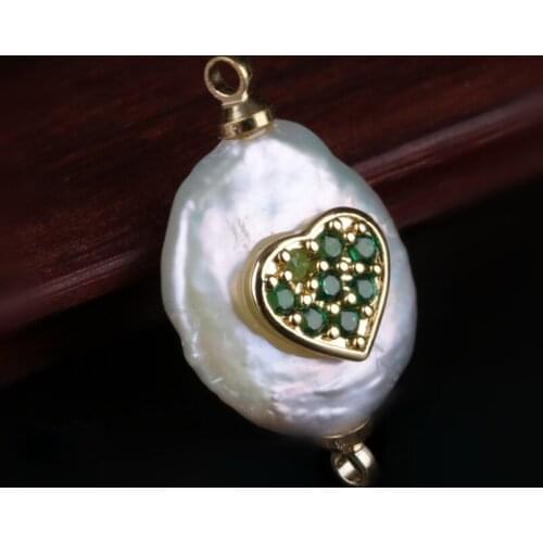 Vintage green cz tiny gold heart charm freshwater pearl connector pendant bead for wedding birthday jewelry finding