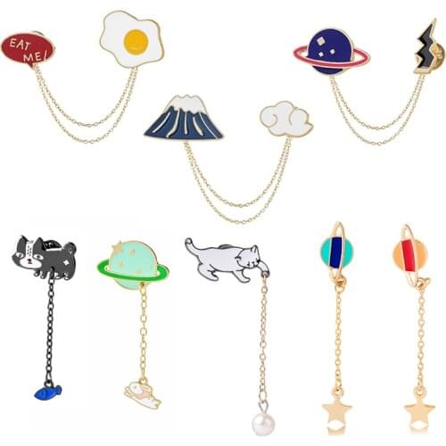 Kpop Fashion Brooches Planet Cat Mount Fuji With Chain Enamel Pins Clothes Shirt Lapel Pin Hats Button Badge Women Jewelry Gifts