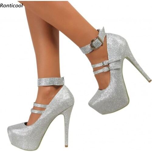 Ronticool Handmade Women Platform Pumps Glitter Buckle Strap Stiletto Heels Round Toe Gorgeous Silver Party Shoes Size 35-52
