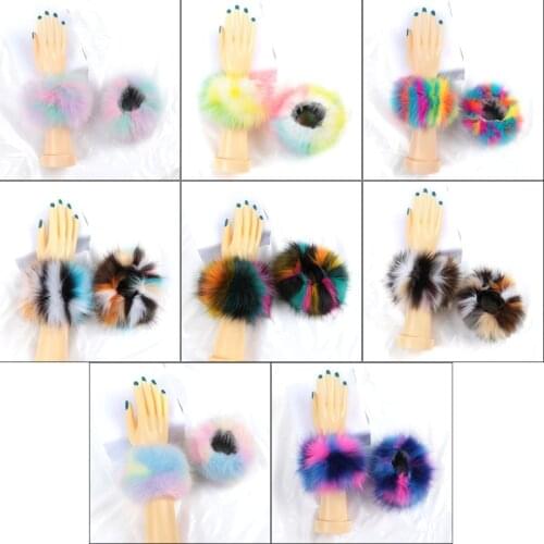 40GC Women Winter Furry Wrist Cuffs Colorful Arm Warmers Band Fluffy Wristband Sleeve