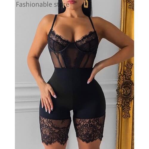 Women Eyelash Lace Sheer Mesh Lingerie Romper Solid Color Sleeveless Playsuit