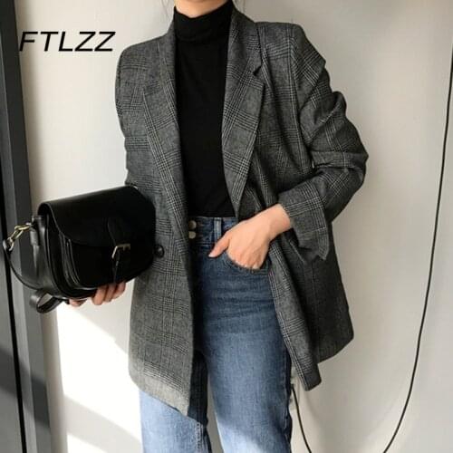New Women Vintage Plaid Blazer Spring Autumn Turn Down Collar Casual Blazer Jacket Woman Double Breasted Jackets Tops Outerwear