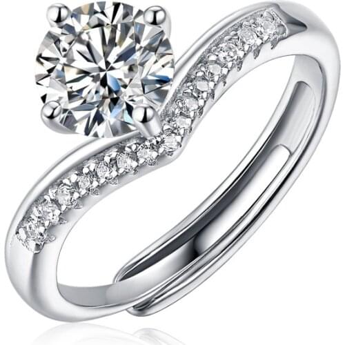 925 Silver 1ct Diamond Adjustable Opening V-Shaped Princess Crown White Moissanite Ring For Women Wedding Party Jewelry