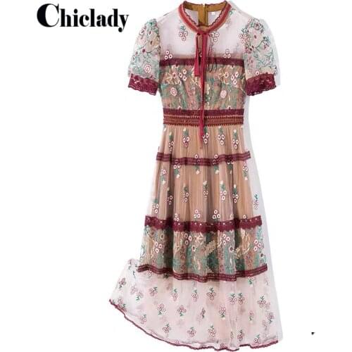 CHICLADY sp high quality red flower embroidery puff sleeve bow lace up stand collar mesh party luxury dresses chic england robe