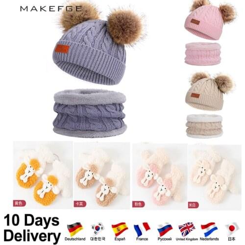 Winter Fashion Cartoon Plush Thick Warm Baby Gloves Hat Plus Velvet Mittens Children Coral Fleece Full Finger Gloves Hat scarf