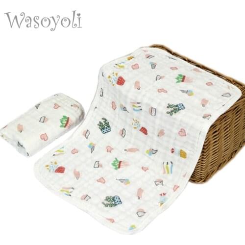 1 Piece Wasoyoli Colorful Printed Burp Cloths 30*50CM With Hanging And Edge 100% Muslin Cotton 6 Layers Handkerchief Soft Towel