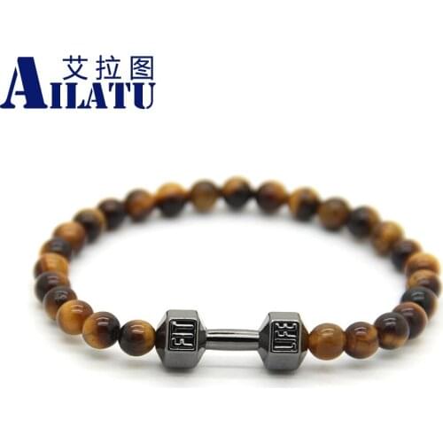 Ailatu Mens Fashion Elastic Bead Jewelry Bracelet Made by 6mm Natural Tiger Eye Stone Beads & Alloy Fitness Dumbbell