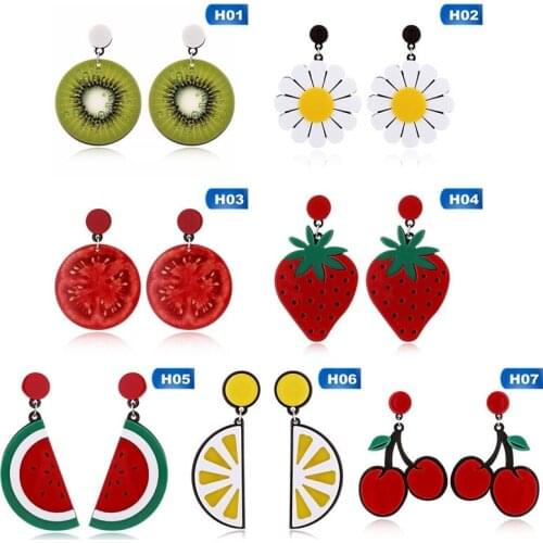 Acrylic Fruits Earrings Cute Small Watermelon Lemon Strawberry Tomatoes Kiwi Sunflower Summer Dangle Earrings For Women Gift