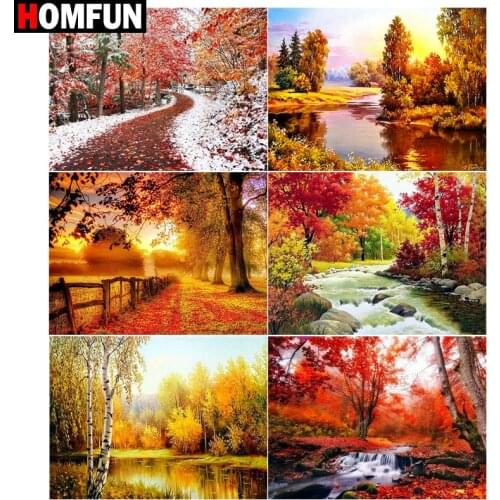 HOMFUN Diamond Embroidery DIY Diamond Painting Cross Stitch Kit "Maple tree lake" 5D Needlework Diamond Home Decoration