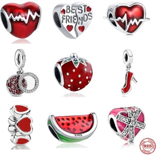 925 Sterling Silver red strawberry present shoe best friend DIY fine beads Fit Original Pandora Charm Bracelet Women Jewelry