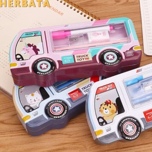 Cartoon truck pencil case, 3D pencil box with stationery set , double layer iron pencil holder kids stationery estuches CL-19182