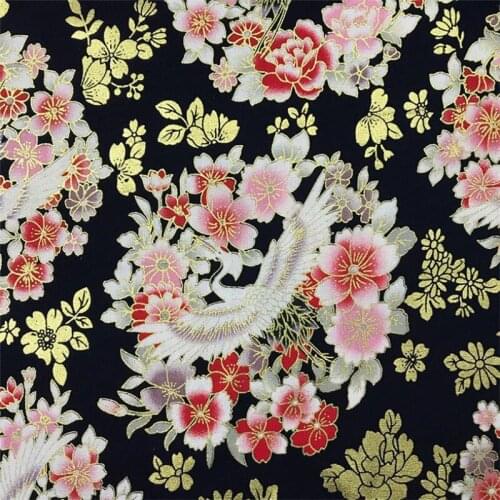 CF670 Japanese Style The Crane and Sakura Printed Cotton Fabric For Kimono Table Clothes Door Curtains DIY Fabrics Home Textiles