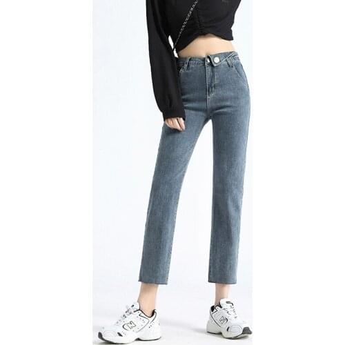 Cotton Stretch Jeans Women Ankle Length Black Solid Straight Pants Blue Washed Slim Denim Trousers Spring Casual Wear P8097