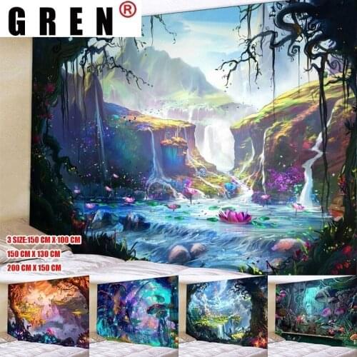 GREN Tapestry Castle Scenery Mushroom Wall Hanging Fabric Background Wall Rugs Covering Fabric Blanket Dorm Living Home Decor