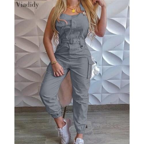 Women Large Size Pocket Design Cargo Suspender Overalls Jumpsuit Solid Color Streetwear Long Jumpsuit