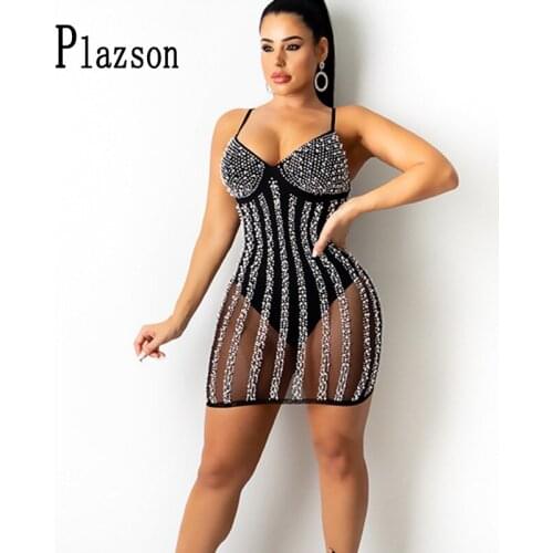 Plazson Sexy Spaghetti Strap Bodycon Mini Dresses Women Summer Mesh See-through Diomand Decorate Dress Party Night Club Wear
