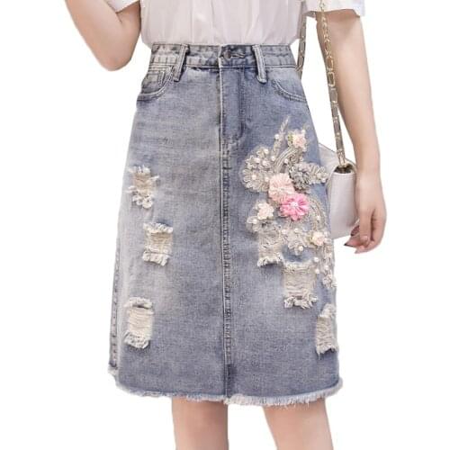 New Summer Spring Fashion Women Distressed Hole Tassel Denim Skirt Casual Fall Embroidery Beading Flower Jeans Skirts Female 244