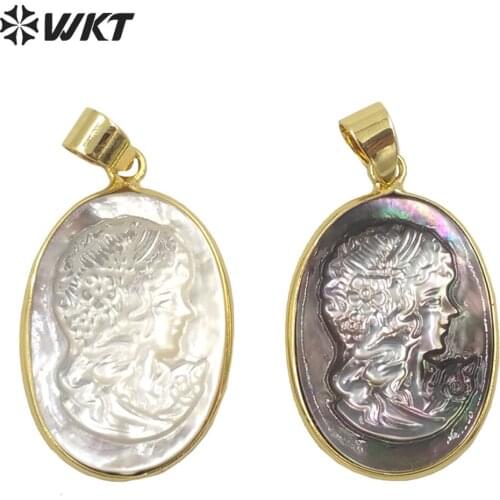 WT-JP269 Wholesale Fashion gold bezel oval Chic Beauty Image pendant handmade Natural shell Gorgeous women jewelry big pendant