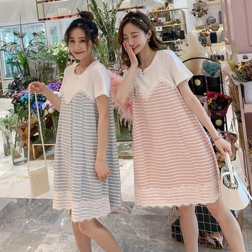 Summer New Maternity stripe Dresses Parchwork Short Sleeve Dress Pregnant women Loose O-Neck Pregnancy Postpartum mother Clothes