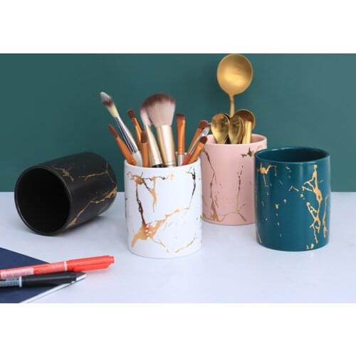 Gold-plated Storage Box Ceramic Makeup Brush Eyebrow Pencil Storage Tube Ins Wind Nordic Lipstick Comb Cosmetic Decoration Box