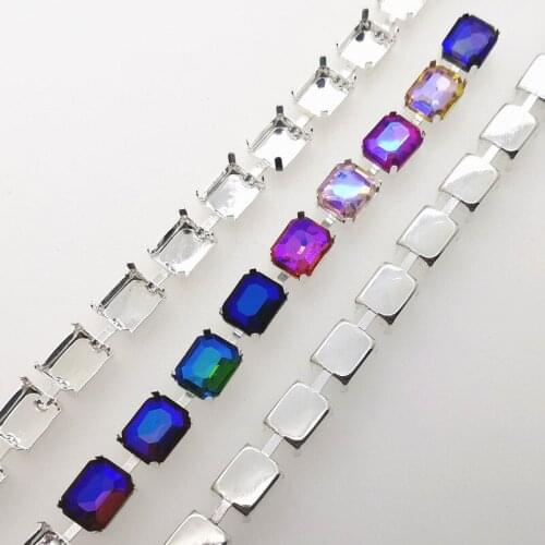 8x10mm Rectangle Crystal Rhinestone Cup Chain Silver Base For Sewing Jewelry and Dress Making