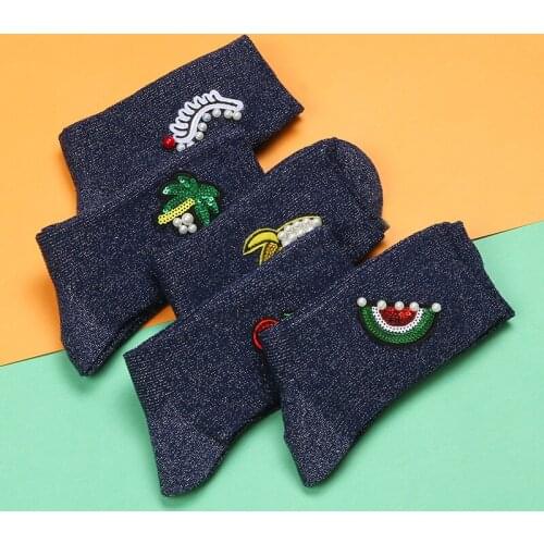 Handmade Fruit Sock For Women Fashion Sequin Beaded Socks Shiny Happy Funny Socks Watermelon Cherry Banana Coconut Harajuku Sock