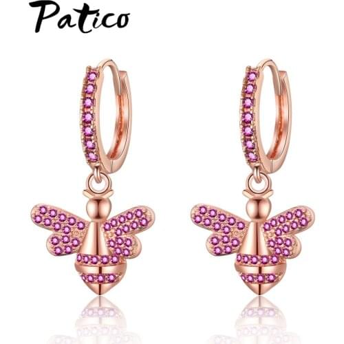 European Fashion Insect Bee Crystal Women Drop Earrings 925 Sterling Silver Rose Gold Color Wedding Party Cubic Zircon Jewelry