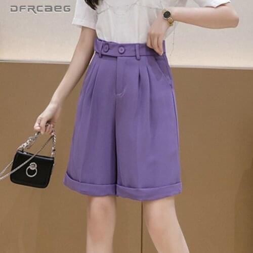 High Waist Loose Casual Wide Leg Bermuda Shorts Summer 2020 Knee Length Office Suits Short Ladies Button Capris Trousers Purple