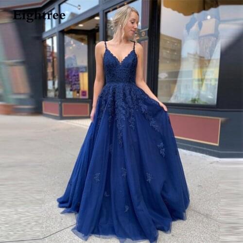 Eightree Dark Blue Appliques Spaghetti Sleeveless Evening Dress Backless A-lineTulle Deep V-neck Prom Dresses Floor Length Gown