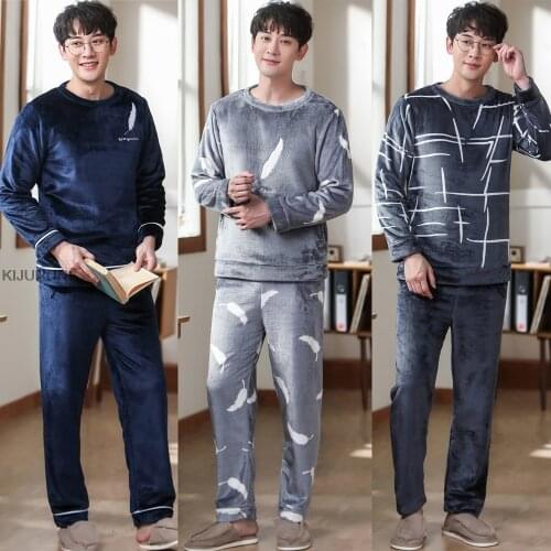 Mens Thicken Warm Soft Flannel Pajamas Sets Winter Autumn Male Plus Size Pajamas Coral Velvet Sleepwear Nightwear Homewear