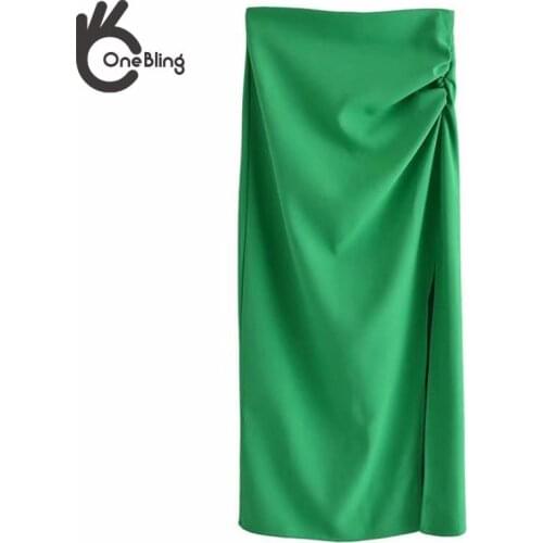 OneBling 2021 Summer Fashion Traf Zipper Back Ruched Detail Split Side Women Casual Straight Midi Skirts Green Femme Jupe Chic