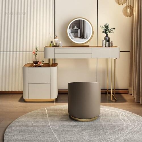 Nordic LED Light Mirror Dressers Solid Wood Dressing Table with Removable Side Cabinet Bedroom Furniture Small Apartment Dresser