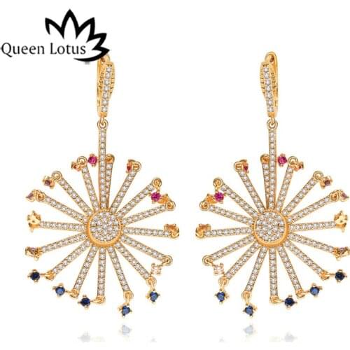 Queen Lotus High Quality Colorful Cubic Zircon Earrings for Women Fashion Big Fireworks Dangle Earrings Crystal Female Jewelry