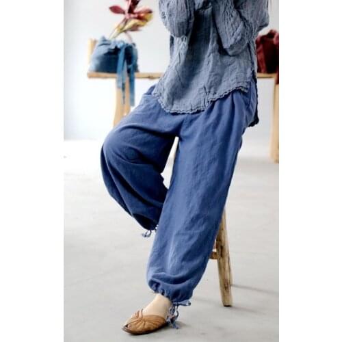 Women Loose Elastic Waist Ramie Pants Ladies Solid Color Vintage Wide Leg Trousers Female 2020 Spring Summer Pants