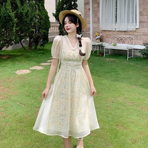 Woman Dress Puffy Sleeve Dress Ladies Summer Mesh Blouse Dress New French Temperament Dress