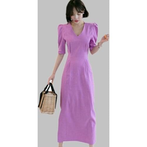 Elegant Party Midi Dress Ladies Puff Sleeve Korean Style Vintage Purple For Women Casual OL Dress Summer 2021 New