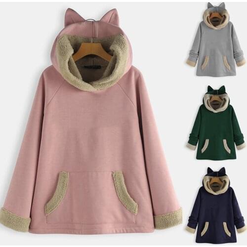 Winte Womens Plus Fleece Cat Ears Hoodie Solid Color Outer Hooded Sweatshirt Tops Jacket Long Sleeve Pocket Warm Pullover 5XL